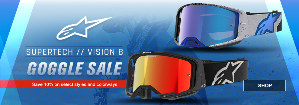 Alpinestars Supertech, Vision eight, goggle sale, save ten percent on select styles and colorways, SHOP Button